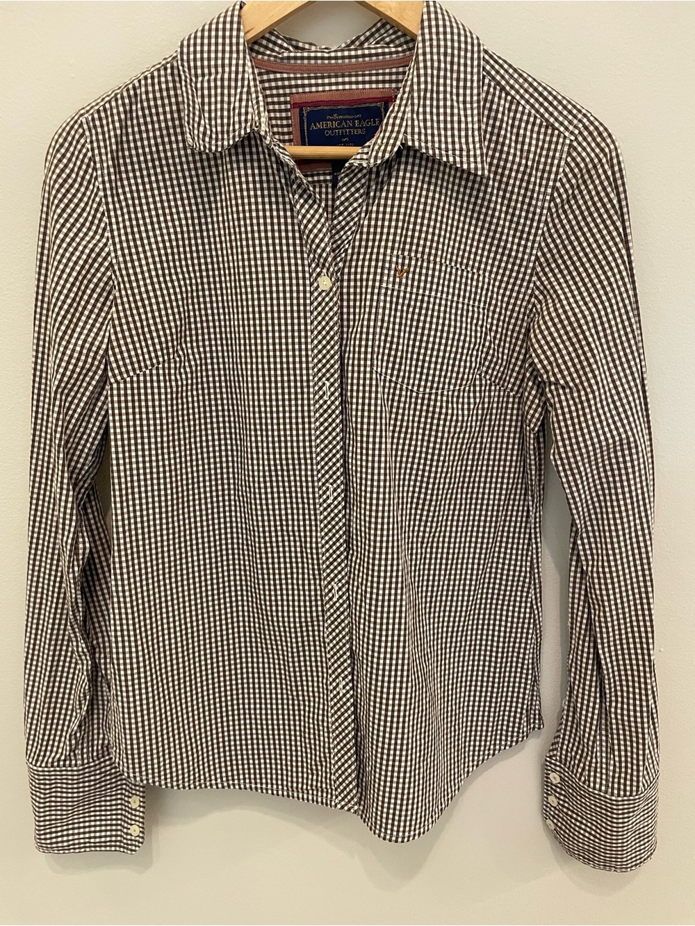 American Eagle Outfitters Brown and White Gingham Button-Down Shirt